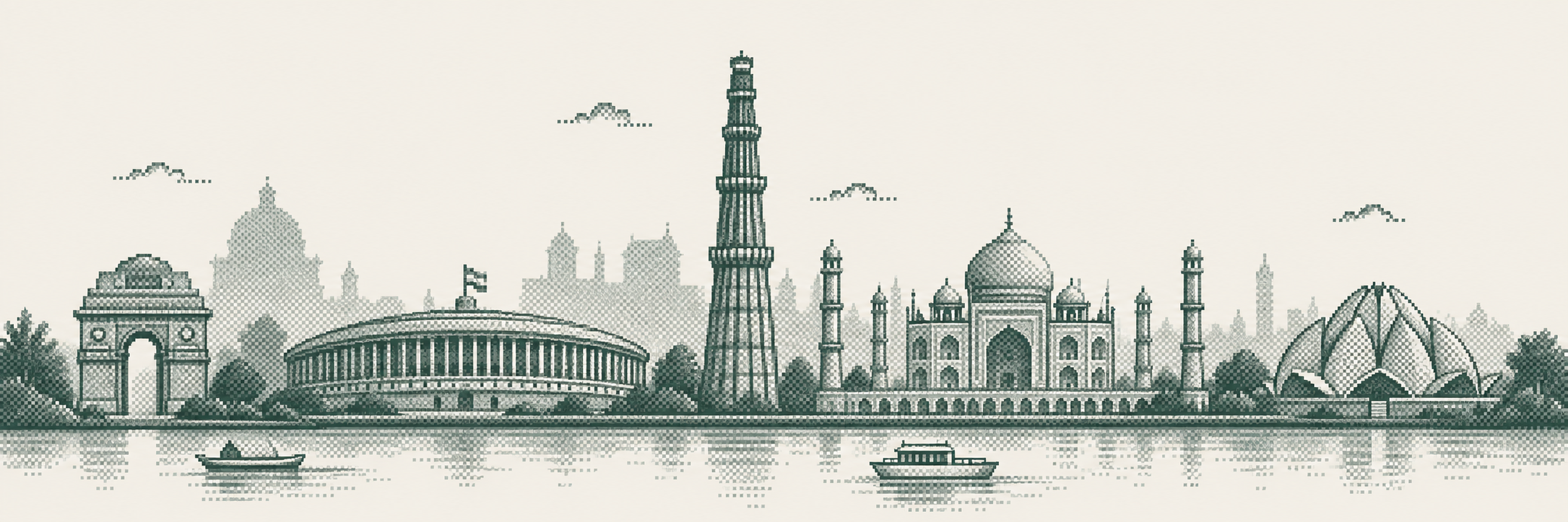 Indian landmarks and waterfront in olive pixel illustration: India Gate, Parliament, Qutub Minar, Taj Mahal and Lotus Temple.