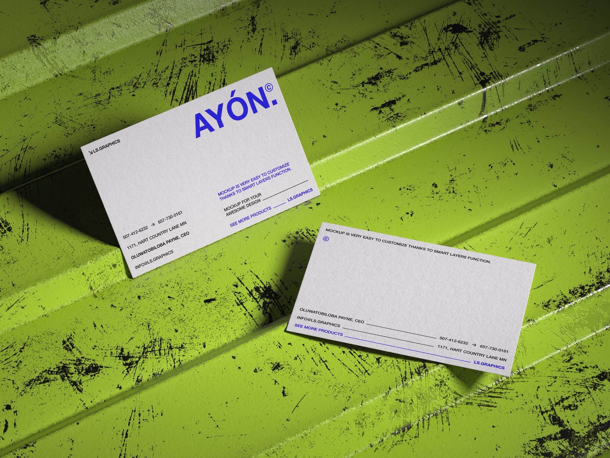 Printed brand cards on a lime green background