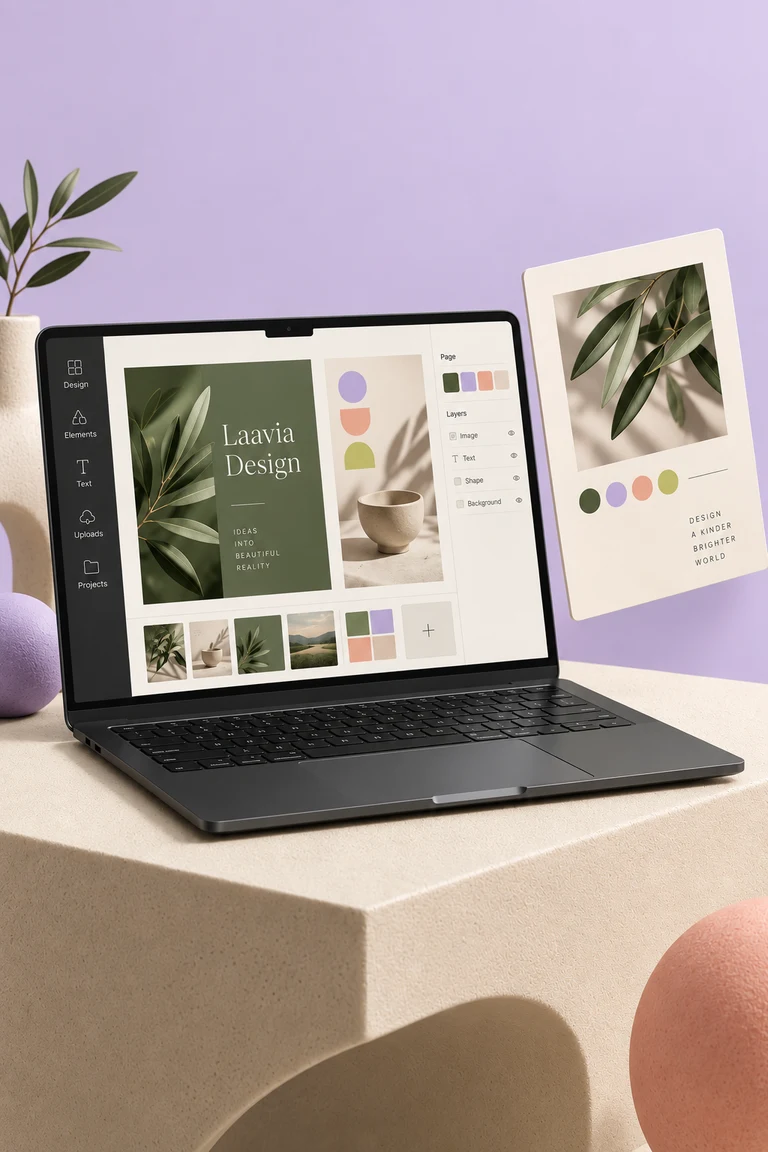 Laavia Design concept mockup with a laptop design editor and creative canvas