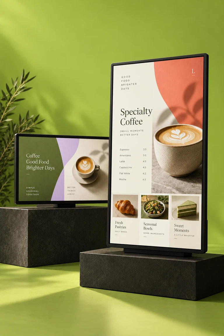 Laavia Play concept mockup with café content on portrait and landscape displays