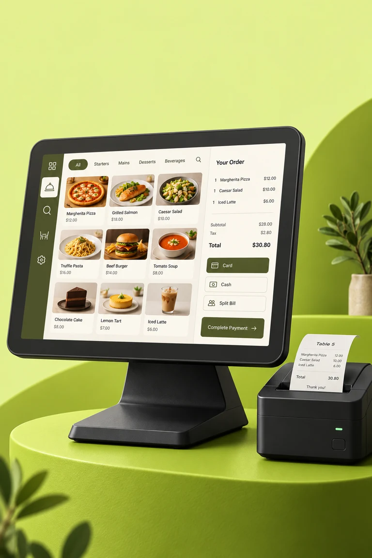 Laavia POS concept mockup with a restaurant billing terminal and receipt printer