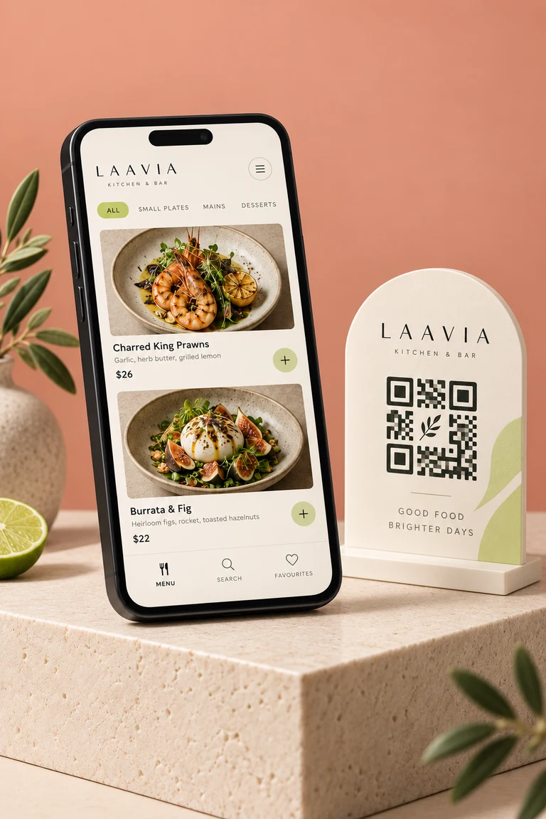 Laavia QR concept mockup with a mobile digital menu and tabletop QR stand